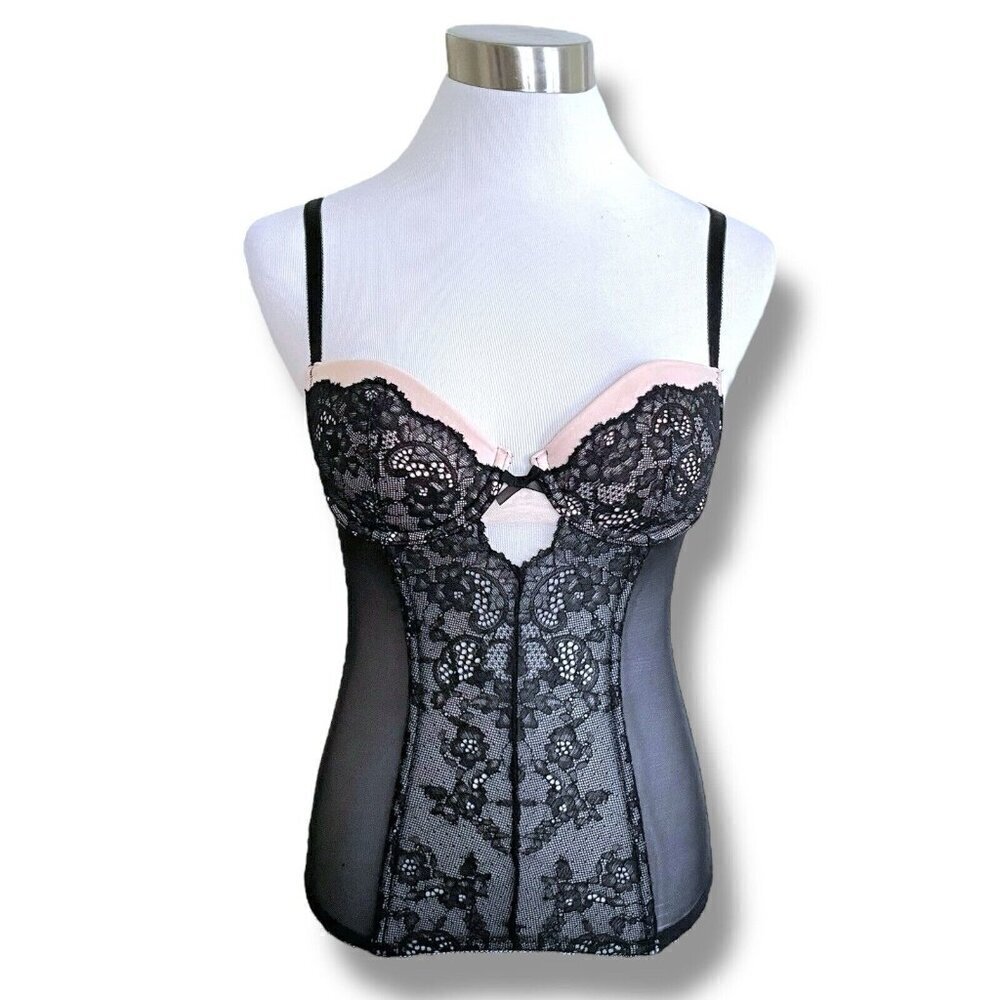 Victorias Secret 34A Bustier Black Lace Boned Underwire Corset Merry Widow Bra